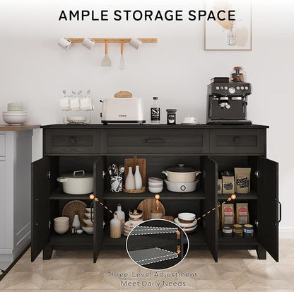 Farmhouse Buffet Cabinet with Drawers, 55" Large Sideboard Kitchen Buffet Storage Cabinet with 3 Adjustable Shelves and Doors Heightened Table Wood Coffee Bar for Kitchen Living Room, Black