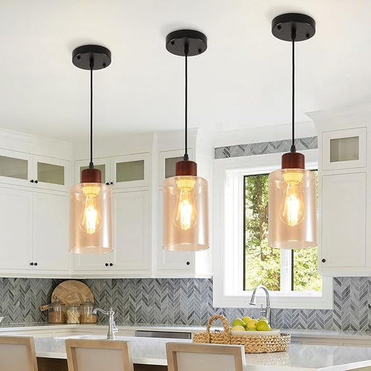 Modern Wood Pendant Lighting for Kitchen Island, Farmhouse Pendant Light Fixtures 3 Pack, Adjustable Hanging Ceiling Light with Amber Glass Shade