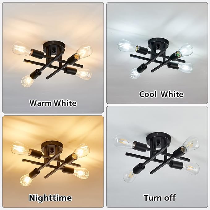 ZGLAOJT 4-Light Semi Flush Mount Ceiling Light Fixture 2 Pack Ceiling Light Matte Black with E26 Base Modern Light for Porch Bedroom Hallway Kitchen Farmhouse