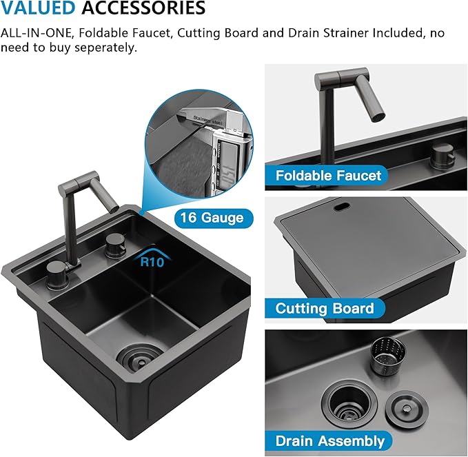 13"x15" Undermount RV Kitchen Sink Workstation – 16 Gauge 304 Stainless Steel Gunmetal Black NANO-PVD Single Bowl Basin with Foldable Faucet, for RV, Outdoor Camper, Mobile Home, Wet Bar