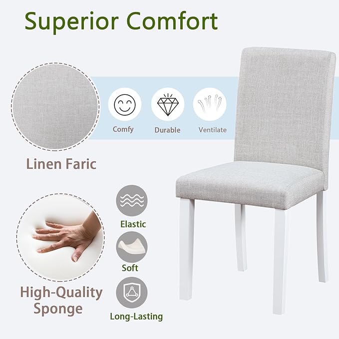 Ball & Cast Upholstered Dining-Room Chairs Set of 4, Kitchen Island Chair with Linen Padded Seat & White Wood Legs, 4pcs Modern Armless Side-Chair for Dining, Gray