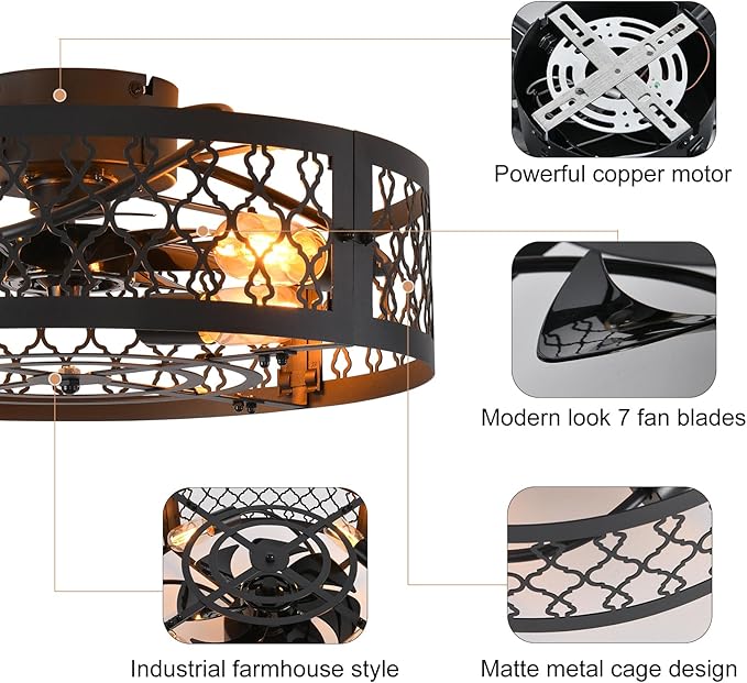 Garwarm 19.6in Caged Ceiling Fan with Light, Bladeless Black Fandelier Ceiling Fan with Remote, Industrial Farmhouse Samll Fan Lights Ceiling Fixtures for Kitchen, Bedroom（6 Speed, Timing）-Black