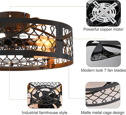 Garwarm 19.6in Caged Ceiling Fan with Light, Bladeless Black Fandelier Ceiling Fan with Remote, Industrial Farmhouse Samll Fan Lights Ceiling Fixtures for Kitchen, Bedroom（6 Speed, Timing）-Black