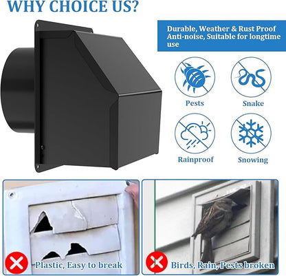 4 inch Dryer Vent Cover Outdoor,Wall Vent Cover for Dryer Outside with Rubber Cushioned Non Return Flap - Galvanized Steel Exhaust Vent Cover External Cap for Dryer Ducting/House/Range Hood/AC Black