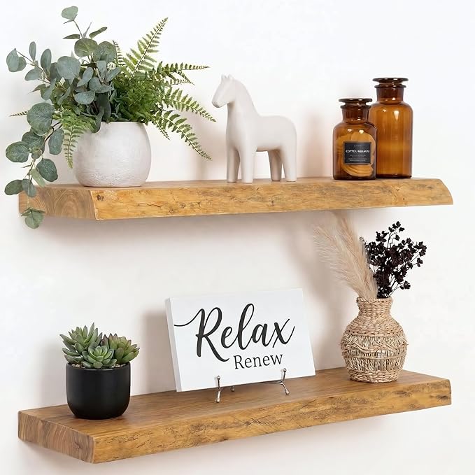 PERFNIQUE 24 Inch Floating Shelves Set of 2, Solid Elm Wood Rustic Live Edge Wall Decor Shelves - Invisible Bracket Mount for Living Room, Kitchen, Bathroom, Natural.