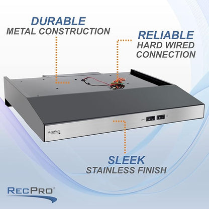 RecPro RV Range Hood with Charcoal Filter & LED Lamp | 12V DC Motor | 60W Energy Efficient | Built-in Charcoal Filter | Sleek Design | Hard-Wired Installation | 0.8A Fan Motor (Stainless Steel)