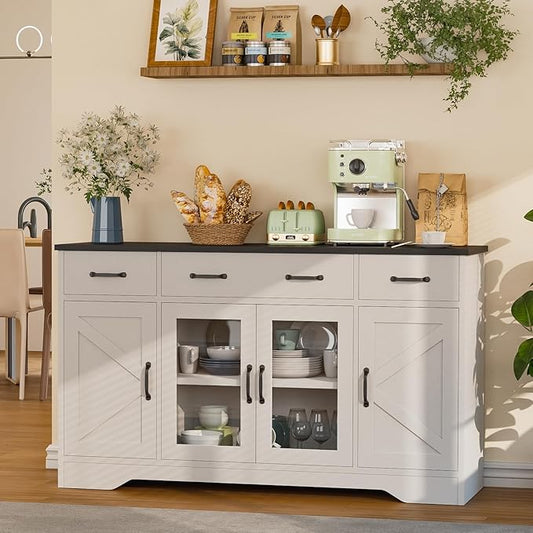 Likein Sideboard Buffet Cabinet with Storage, 55" Kitchen Coffee Bar Cabinet with 3 Drawers & Glass Doors, Farmhouse Sideboard Buffet Table with Adjustable Shelves for Living Room, Dining Room, White
