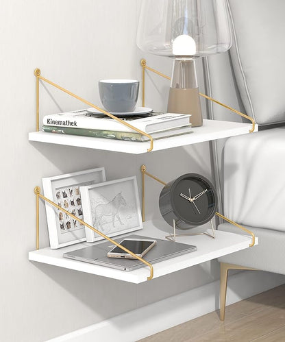 Afuly 12 Inch Deep Floating Shelves for Wall, Gold White Wall Mounted Shelves, Hanging Storage Shelves for Bathroom Kitchen Bedroom, Solid Wood Chic Bookshelves, Set of 2