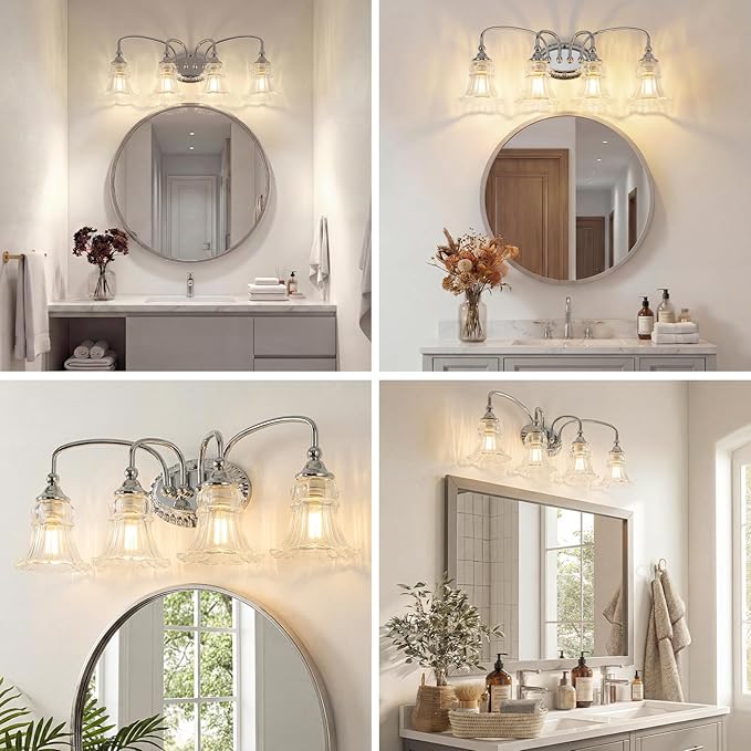 4-Light Bathroom Light Fixtures Vintage Chrome Vanity Lights Over Mirror with Floral Glass Shade for Bathroom Powder Room, Living Room Hallway