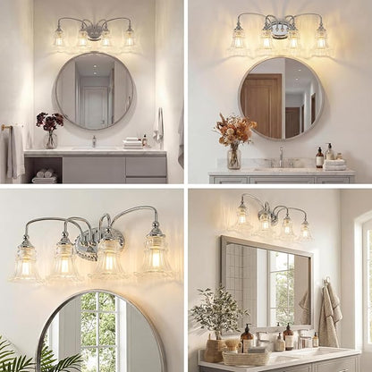 4-Light Bathroom Light Fixtures Vintage Chrome Vanity Lights Over Mirror with Floral Glass Shade for Bathroom Powder Room, Living Room Hallway