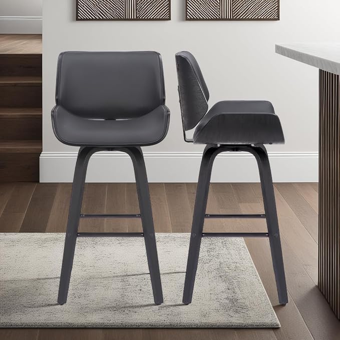 Armen Living Tyler 30" Bar Height Swivel Gray Faux Leather and Black Wood Bar Stool - Set of 3