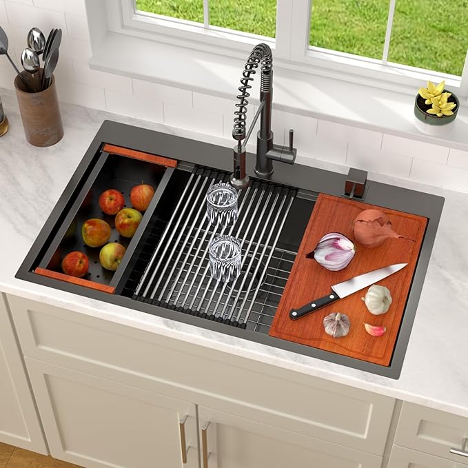 Dcolora 30 Inch Black Kitchen Sink Drop In, Nano-PVD Black Stainless Steel Workstation Sink Single Bowl Topmount with Accessories All-In-One, #DC-T8863 30"x22"x10"