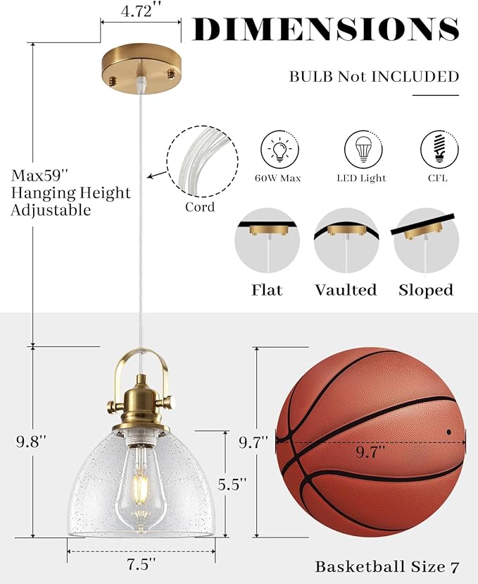 Gold Glass Pendant Lights Kitchen Island, 7.5" Blown Glass Pendant Light, Gold Modern Pendant Lights 1-Pack, Kitchen Hanging Lights for Kitchen Island, Dining Room, Bathroom, Cafe