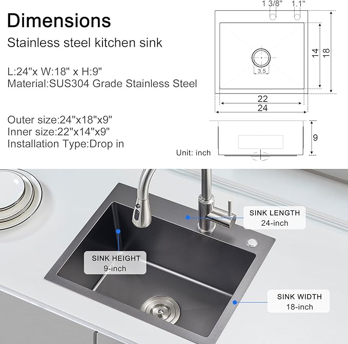 MENATT 24 Inch Drop-in Single Bowl Kitchen Sink Black, 304 Stainless Steel Handmade Topmount Kitchen Bar Residential Sink, D24"xW18"xH9"