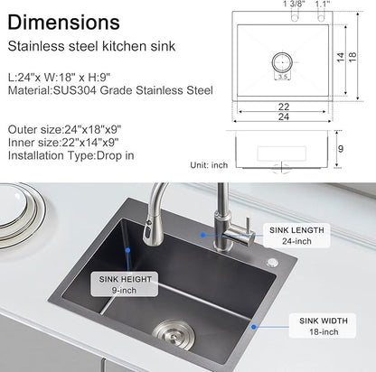 MENATT 24 Inch Drop-in Single Bowl Kitchen Sink Black, 304 Stainless Steel Handmade Topmount Kitchen Bar Residential Sink, D24"xW18"xH9"