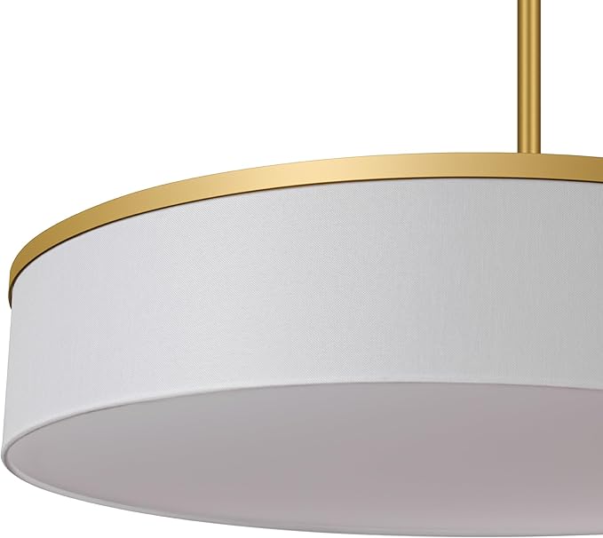 19.6 Inch Integrated LED Drum Chandeliers, 2800K Modern Fabric Pendant Light Fixture, White Linen and Gold Finish, Large Semi Flush Mount Lighting for Dining Room Bedroom Kitchen Entryway