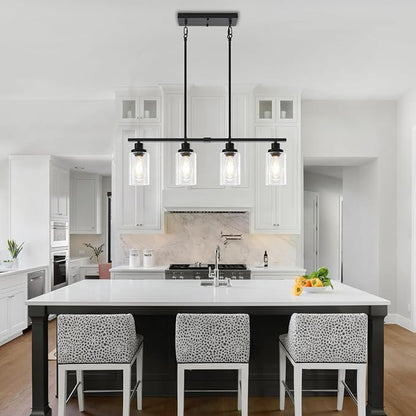 Modern Island Lights for Kitchen Black Dining Room Light Fixtures Over Table 4-Light Farmhouse Linear Chandelier Adjustable Hanging Kitchen Lights Ceiling Clear Glass Pendant Lighting Over Island