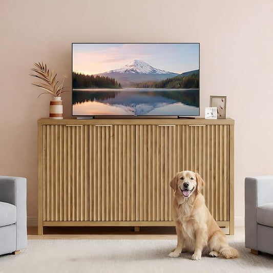 OAKHAM HOME Buffet Cabinet Fluted Sideboard 56" Accent Cabinet with Adjustable Shelves 4 Doors Modern Storage Credenza for Living Room Kitchen Hallway,Golden Oak
