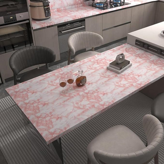 BAYYA Marble Paper Granite Pink/White Roll Peel and Stick Wallpaper for Table Kitchen Countertop Cabinet Shelf Drawer Self Adhesive Vinyl Counter Top Covers Removable Waterproof Decorative Paper