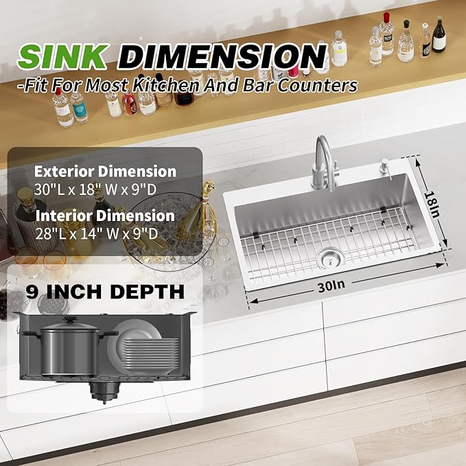 Stainless Steel Drop-In 30x18 Inch Modern Single Bowl Topmount Kitchen Sink Combo - SS Grid, Silicon Mat, Drain Strainer Set - Compatible With Various Kitchen & Bar Styles