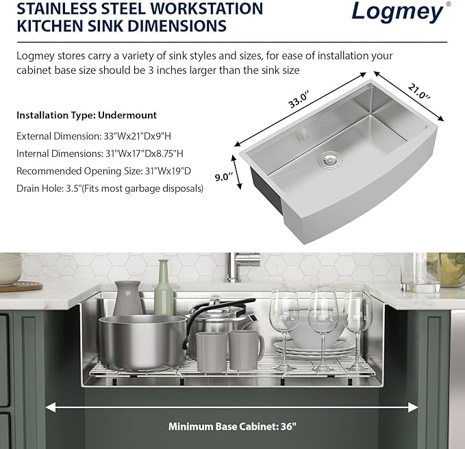 Logmey 33" Apron Front Farmhouse Kitchen Sink,33x21 ALL in One Premium 16 Gauge Stainless Steel Workstation,Deep Single Bowl Sinks,Ideal for Home Cooking,Cleaning & Daily Kitchen Use,Noise Reduction