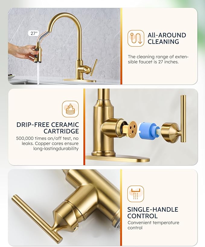 Gold Kitchen Faucet with Pull Down Sprayer: WOWOW High Arc Single Handle Classic Stainless Steel Sink Faucet 1 or 3 Hole,Kitchen Sink Faucet Suitable for Farmhouse Camper Laundry Rv Bar