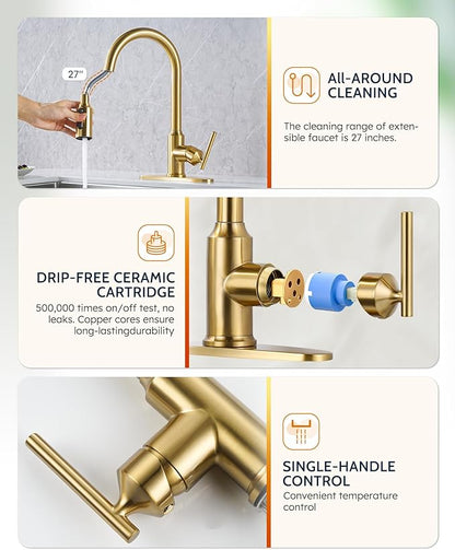 Gold Kitchen Faucet with Pull Down Sprayer: WOWOW High Arc Single Handle Classic Stainless Steel Sink Faucet 1 or 3 Hole,Kitchen Sink Faucet Suitable for Farmhouse Camper Laundry Rv Bar