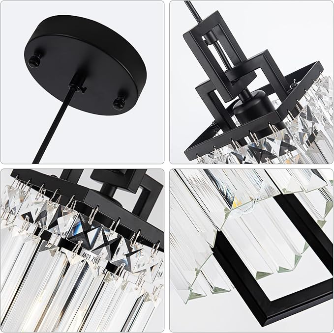 Modern Black Pendant Light Fixtures for Kitchen Island and Dining Room, Industrial Small Hanging Crystal Chandelier Light Fixture for Bedroom Entryway Living Room Foyer Hallway 3-Pack