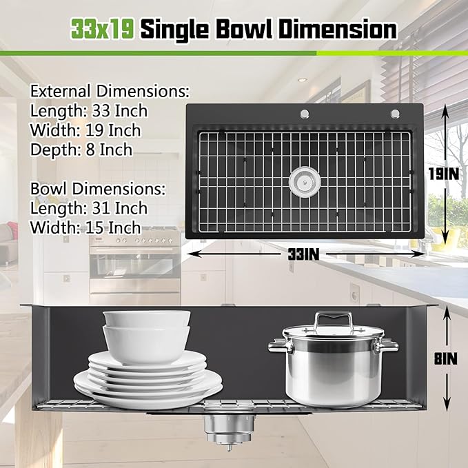 Black Kitchen Sink, 33x19 Inch Stainless Steel Drop In Modern Large Single Bowl Topmount Kitchen Sink Gift Combo-SS Grid,Silicon Mat, Drain Strainer Set Compatibility With Various Kitchen&Bar Styles