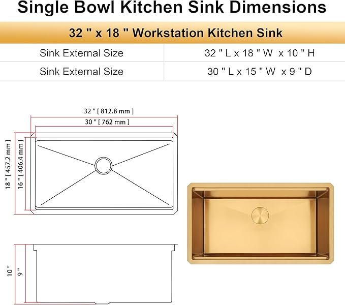Gold Undermount Kitchen Sink,16 Gauge SUS304 Stainless Steel All In One Workstation Sinks with Full Set Accessories, 32" x 18" x 10" Large and Deep Handmade Single Bowl Kitchen Sinks