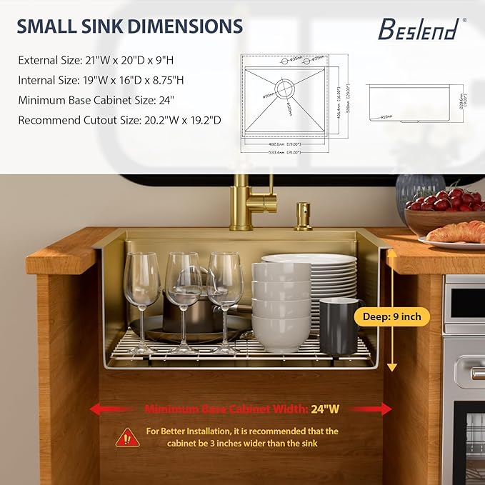 21 Outdoor Kitchen Sink Gold - Beslend 21x20 Gold Outdoor Sink Bar Sink RV Sinks Drop In, Topmount Stainless Steel Kitchen Sinks Workstation 16 Gauge Single Bowl Above Counter Indoor Outdoor