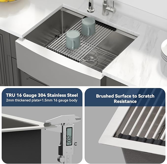 Lordear Farmhouse Sink 27 Inch Stainless Steel Farmhouse Kitchen Snk Apron Front Ledge Workstation 16 Gauge Stainless Steel Deep Single Bowl Kitchen Sinks