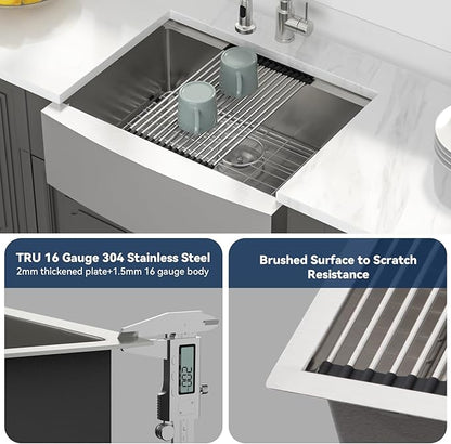 Lordear Farmhouse Sink 27 Inch Stainless Steel Farmhouse Kitchen Snk Apron Front Ledge Workstation 16 Gauge Stainless Steel Deep Single Bowl Kitchen Sinks