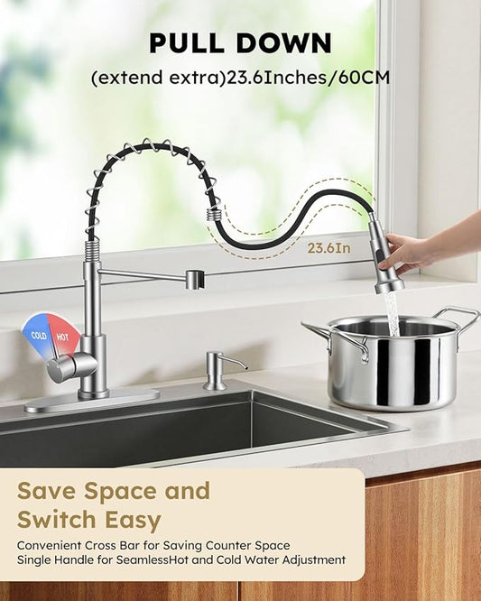 Arofa Kitchen Faucet with Pull Down Sprayer, Brushed Nickel Kitchen Sink Faucet 1-3 Hole Single Handle High Arc Stainless Steel Commercial Modern Kitchen Faucets for RV/Laundry/Outdoor/Bathroom Sink