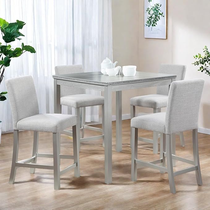 Dining Table Set for 4, 5-Piece Dining Room Table Set with Square Crystal Decoration Table & 4 Upholstered Backrest Chairs, Counter Height Kitchen Sets with Wood Grain & Footrest, Silver Gray