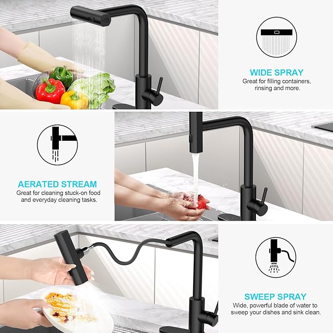AVSIILE Matte Black Waterfall Kitchen Faucets with Pull Down Sprayer & Soap Dispenser, Single Hole & Handle, Pull Out Tap, Stainless Steel Sink Faucet, Suitable for Farmhouse Camper Laundry Rv Bar