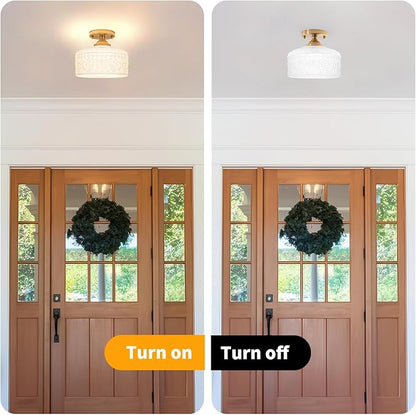 Daunton Artistic Gold Handcrafted Semi Flush Mount Ceiling Light - 12 Inch Vintage White Glass Shade with Etched Patterns, Easy Install Small Ceiling Light Fixture for Hallway, Kitchen, Bedroom