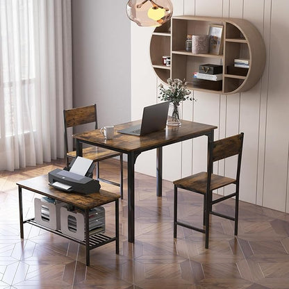 LDAILY Dining Table Set for 4, 4-Piece Wooden Kitchen Table and Chairs with Bench, Storage Rack & Metal Frame, Industrial Dining Room Table Set of 4 for Small Space, Apartment, Kitchen (Teak)