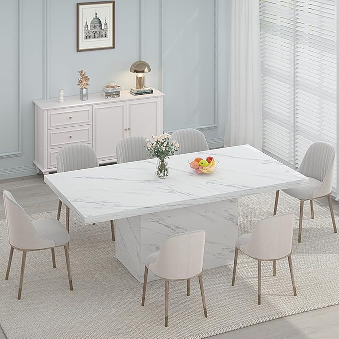 HSH 71” White Faux Marble Dining Table, Rectangle Modern Dinner Kitchen Table for 6-8, Farmhouse Long Kitchen Furniture for Living Room, Industrial Wood Dining Room Table with Sturdy Base