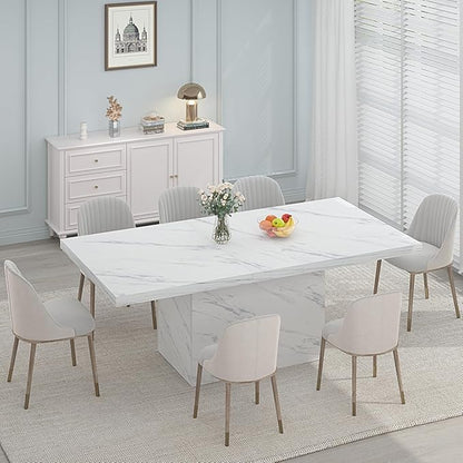 HSH 71” White Faux Marble Dining Table, Rectangle Modern Dinner Kitchen Table for 6-8, Farmhouse Long Kitchen Furniture for Living Room, Industrial Wood Dining Room Table with Sturdy Base