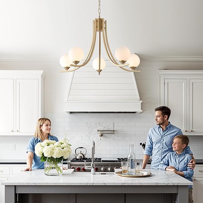 Glass Globe Chandelier,Gold Farmhouse Chandeliers for Dining Room,Modern Sputnik Dining Room Light Fixtures，Adjustable Chain Ceiling Lighting for Living Room Bedroom Kitchen Island