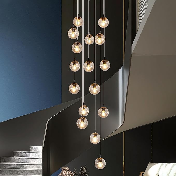 SZXYKEJI 16 Light Chandelier Mid Century Glass Globe Staircase Long Pendant Light Fixture Large Chandeliers for High Ceiling Light LED Bulbs for Living Room Foyer Hallway