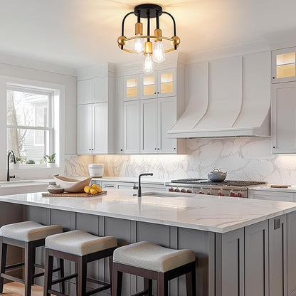 3 Light Industrial Ceiling Light Black Gold Semi Flush Mount Lights Close to Ceiling Light Fixtures,cage design Farmhouse Ceiling Lighting for Kitchen Bedroom Bathroom Foyer Hallway (E26, 1Pack)