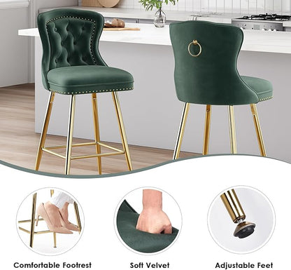 Bar Stools Set of 2, Velvet Counter Height Bar Stools with Metal Legs, Button Tufted and Nailheads Trim, Wing Back Bar Chairs for Kitchen Island Dining Room Pub, Green