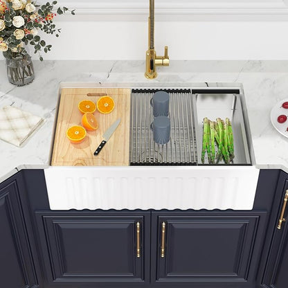 White Farmhouse Sink Fireclay Workstation Apron Front Farmer Kitchen Sink Reversible 30"x20" Undermount Single Bowl Kitchen Sink with Accessories