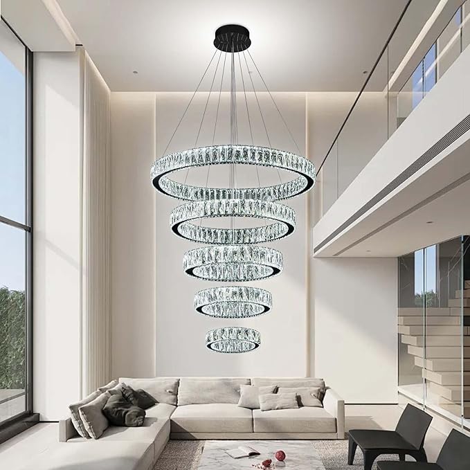 Modern 5 Ring Chandeliers for High Ceiling Foyer,Luxury Dimmable Crystal Ceiling Light Fixtures Staircase Entrance Villa Large Black Chandelier D8''+15.7"+23.6"+31.5"+39.4"