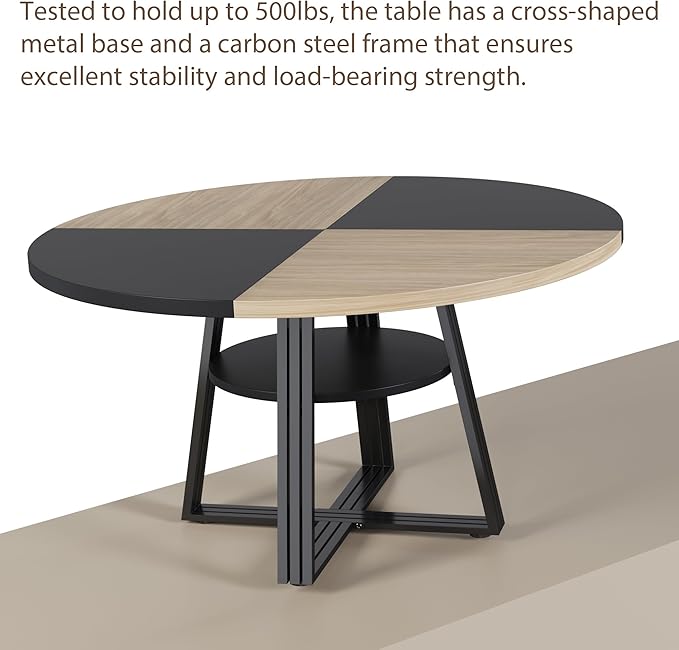GarveeHome 47 Inch Round Dining Table for 4-6, Farmhouse Pedestal Kitchen Table with Storage Shelf, Space-Saving Circle, for Kitchen, Dining Room, Living Room, Apartment, Table Only- Natural & Black