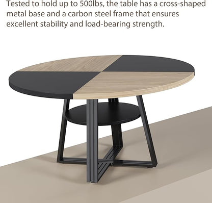 GarveeHome 47 Inch Round Dining Table for 4-6, Farmhouse Pedestal Kitchen Table with Storage Shelf, Space-Saving Circle, for Kitchen, Dining Room, Living Room, Apartment, Table Only- Natural & Black