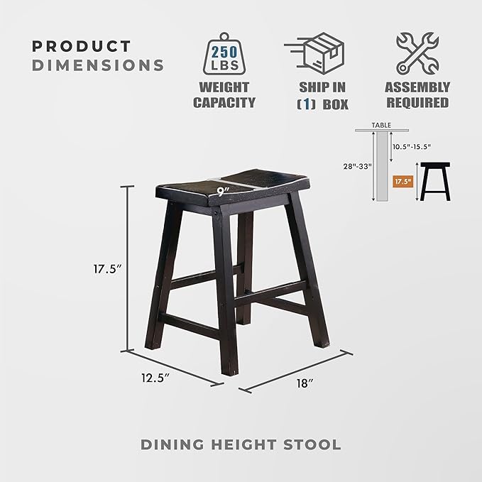 Lexicon Finnian Saddle Solid Wood Stool Set of 2 - Saddle Kitchen Stool Dining Height Stools for Dining, Armless Counter Chair Seating, Perfect Casual - 17.5" SH Black Sand