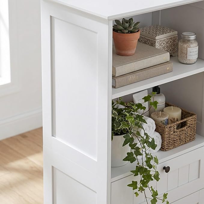 Casaphoria 55 Inch Tall Laundry Sorter Cabinet, Narrow Bathroom Storage Cabinet with Tilt-Out Hamper and Drawer, Freestanding Space-Saving Organizer for Laundry Room, White